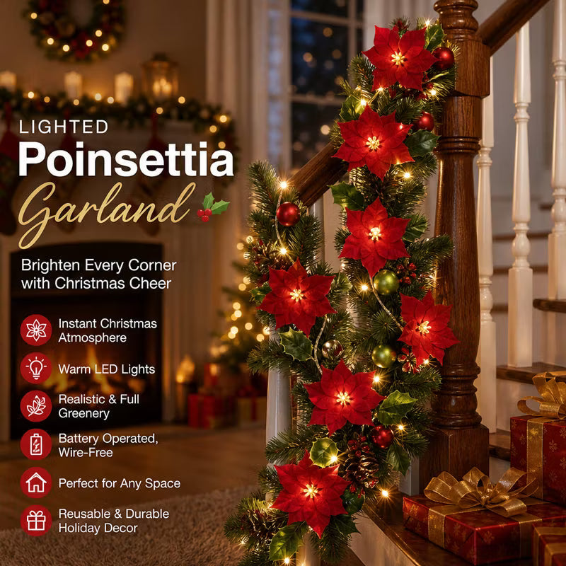 Christmas Poinsettia Garland with Lights