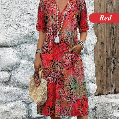 Women's Printed V-Neck Midi Dress