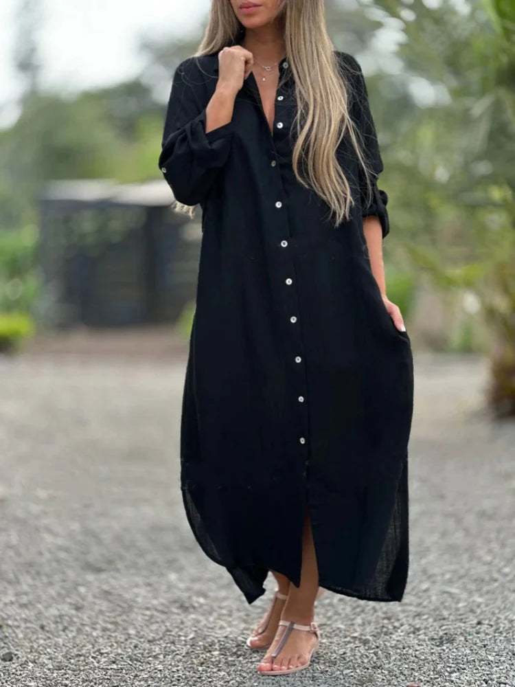 Women's Button-Front Long Sleeve Shirt Dress