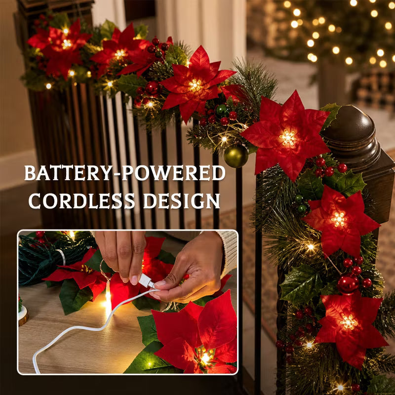 Christmas Poinsettia Garland with Lights