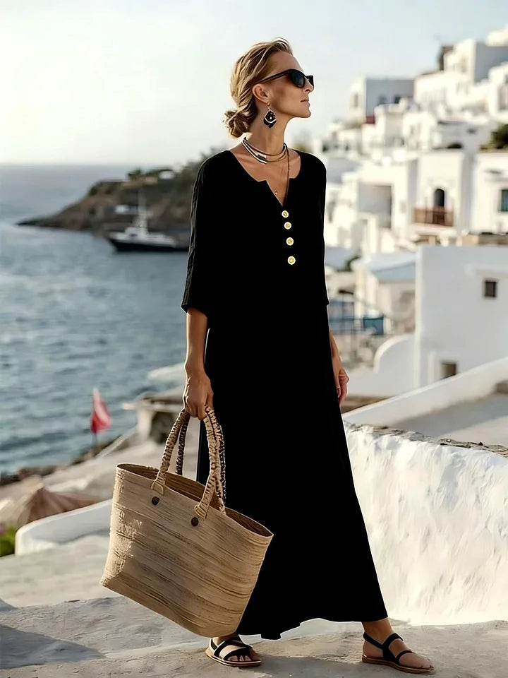 Women’s Relaxed V-Neck Button Detail Maxi Dress