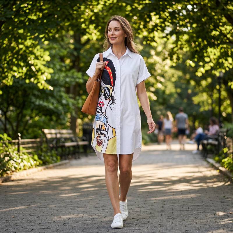 Women's Artistic Portrait Print Shirt Dress