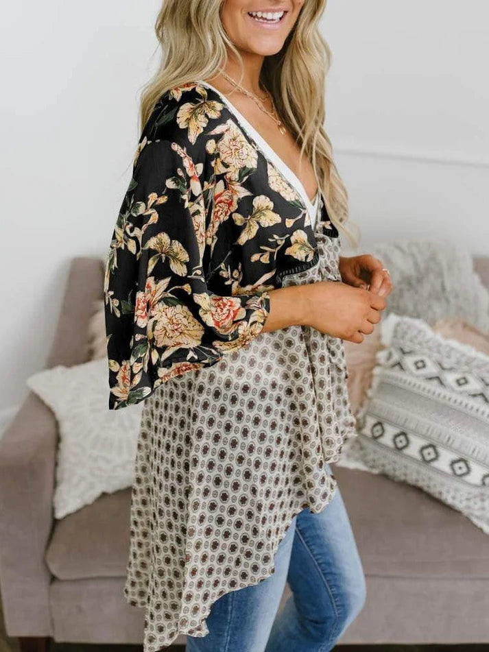 Women's Floral Patchwork Tie-Front Boho Cardigan