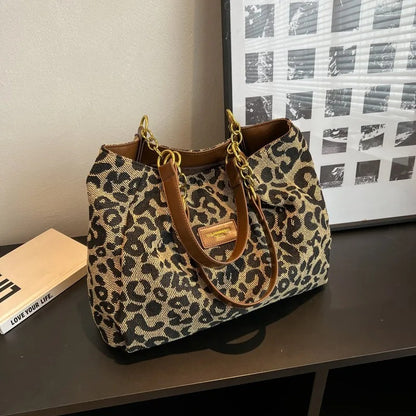Women's Leopard Print Tote Bag with Chain Handles