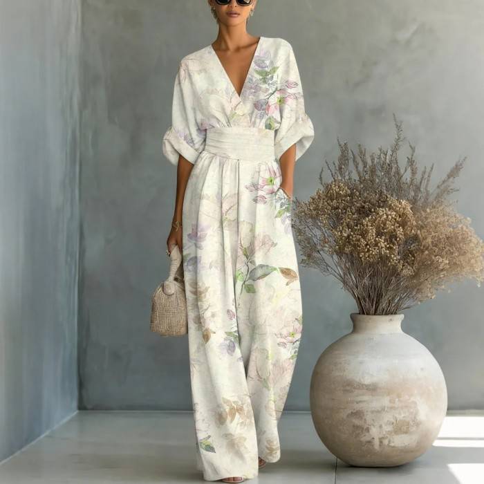 Women's Elegant V-Neck Printed Jumpsuit
