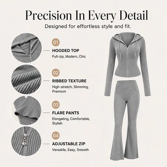 Women's Hooded Zip-Up Top and Flared Pants Set