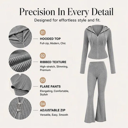 Women's Hooded Zip-Up Top and Flared Pants Set