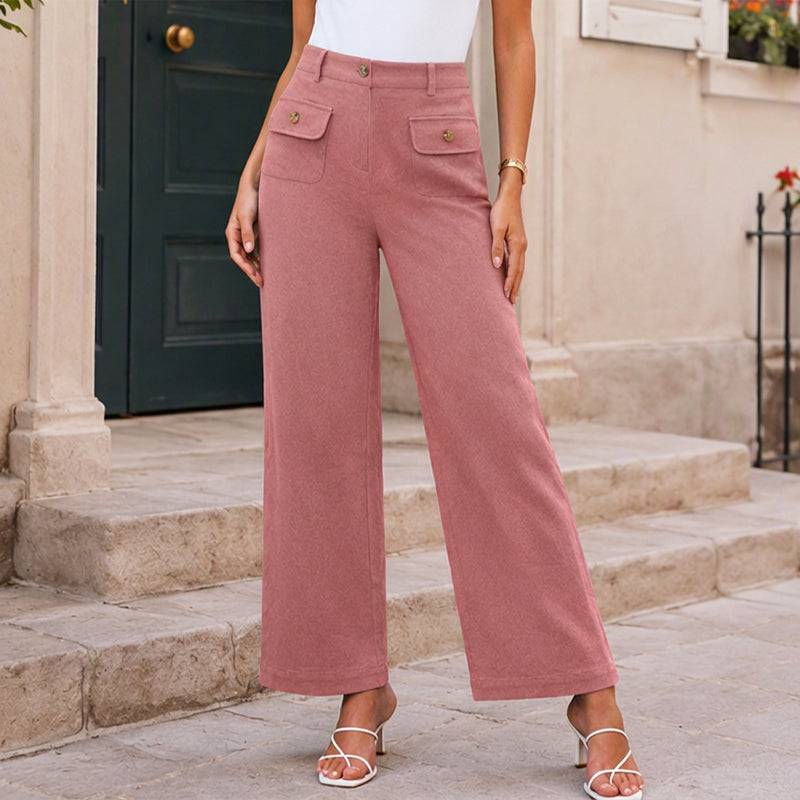 Women's High-Waisted Button Detail Wide-Leg Pants