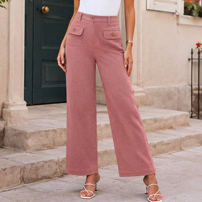 Women's High-Waisted Button Detail Wide-Leg Pants