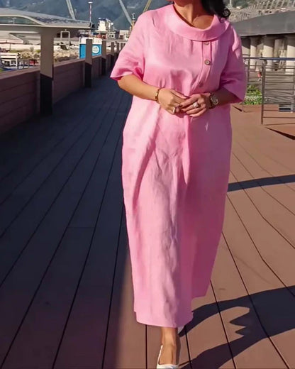 Women’s Loose Fit Button Detail Short Sleeve Maxi Dress