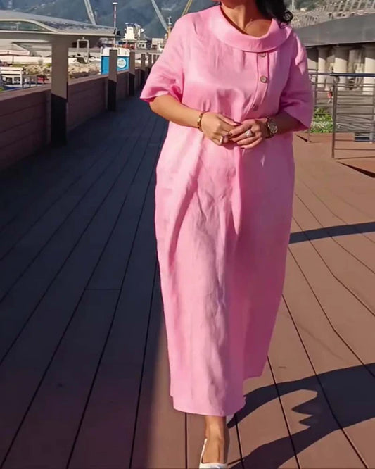Women’s Loose Fit Button Detail Short Sleeve Maxi Dress