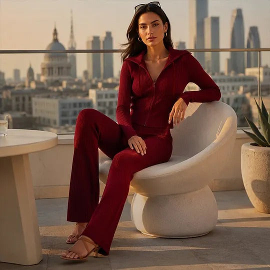 Women's Hooded Zip-Up Top and Flared Pants Set