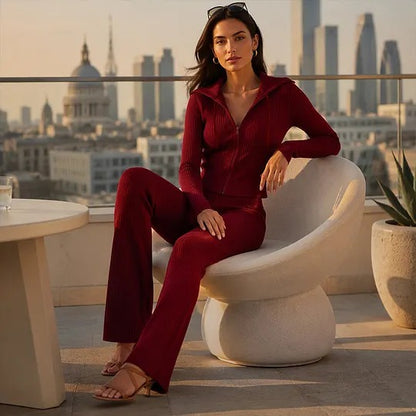 Women's Hooded Zip-Up Top and Flared Pants Set
