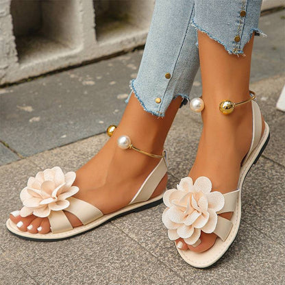 Women's Floral Flat Sandals with Decorative Ankle Accent