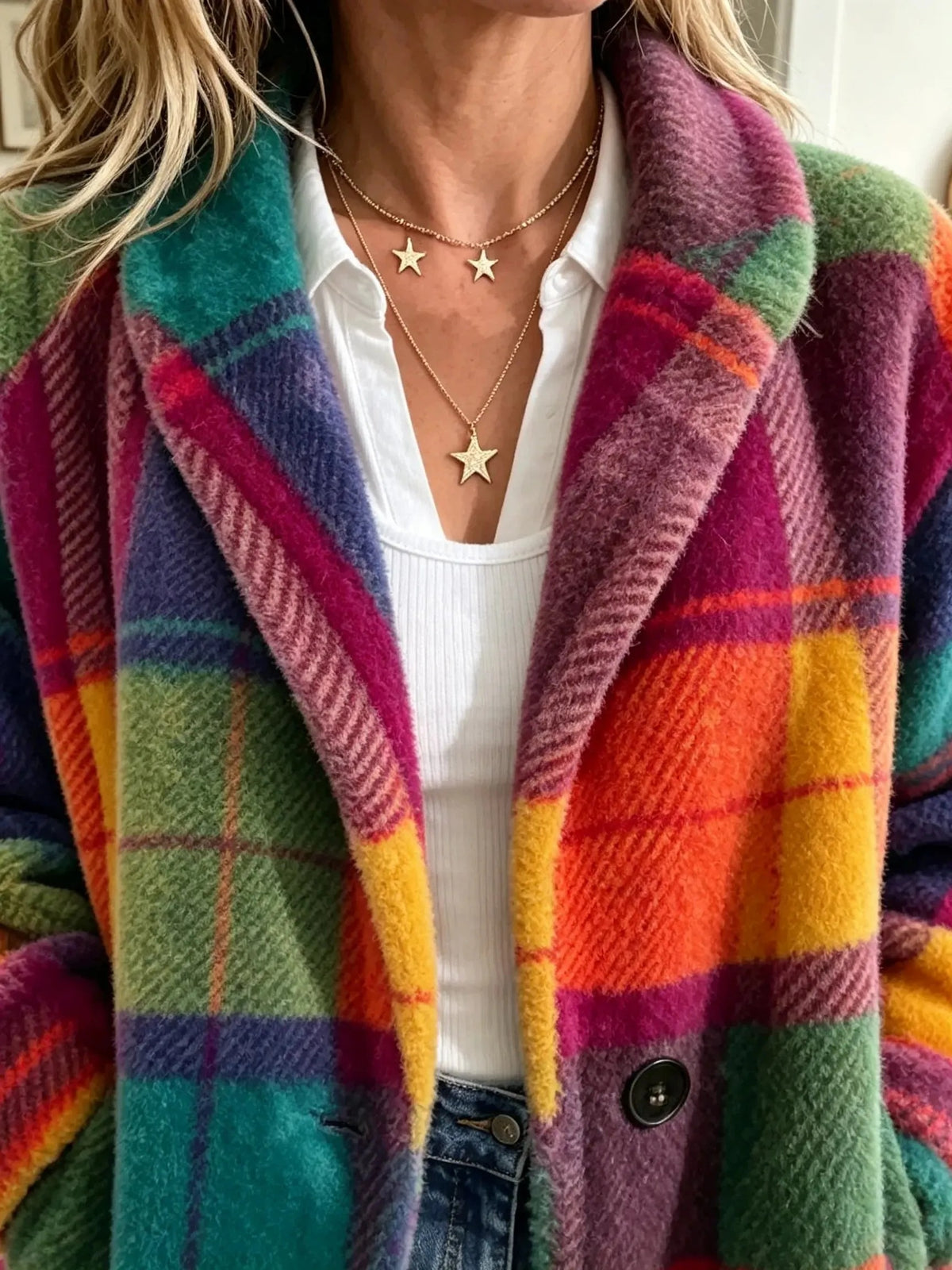 Women's Mixed-Color Plaid Lapel Coat