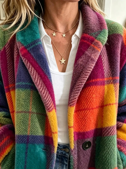 Women's Mixed-Color Plaid Lapel Coat