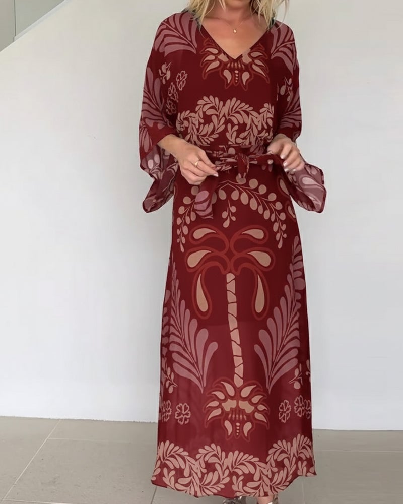 Women's Floral V-Neck Tie Waist Dress