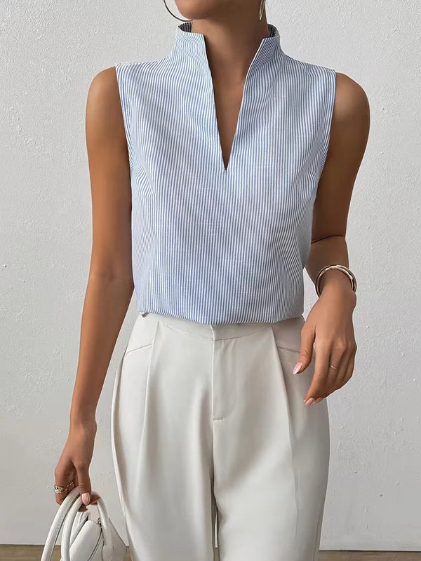 Women’s Striped Sleeveless Split-Neck Top