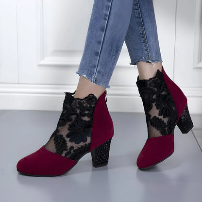 Women's Floral Mesh Block Heel Ankle Boots