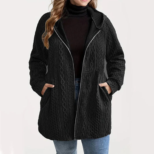 Women's Cable Knit Hooded Jacket with Zipper