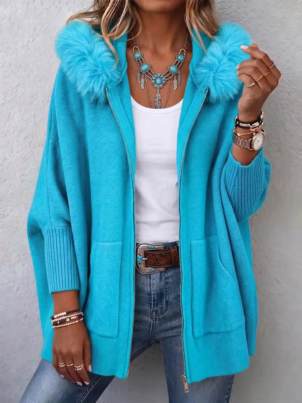 Women's Knit Zip-Up Jacket With Faux Fur Trim