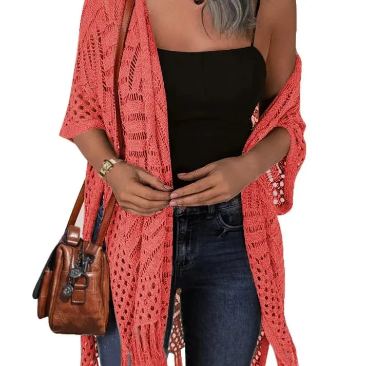 Women's Oversized Crochet Knit Tassel Cardigan