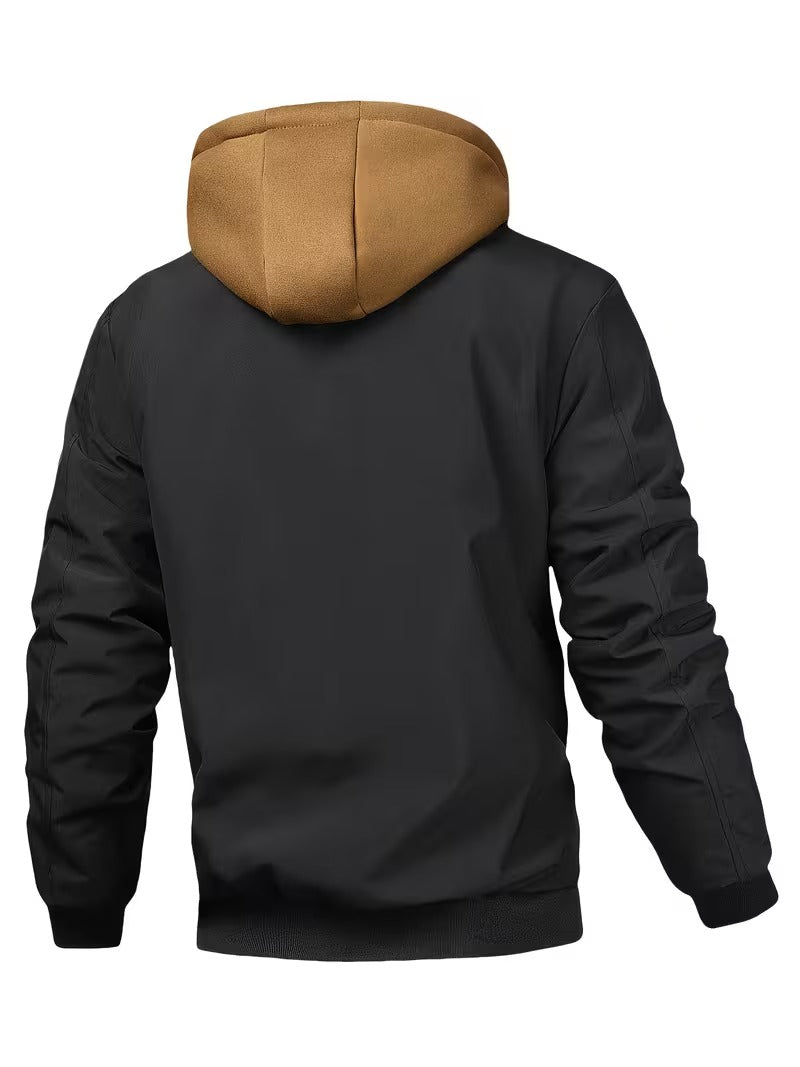 Men's Hooded Plaid Trim Jacket