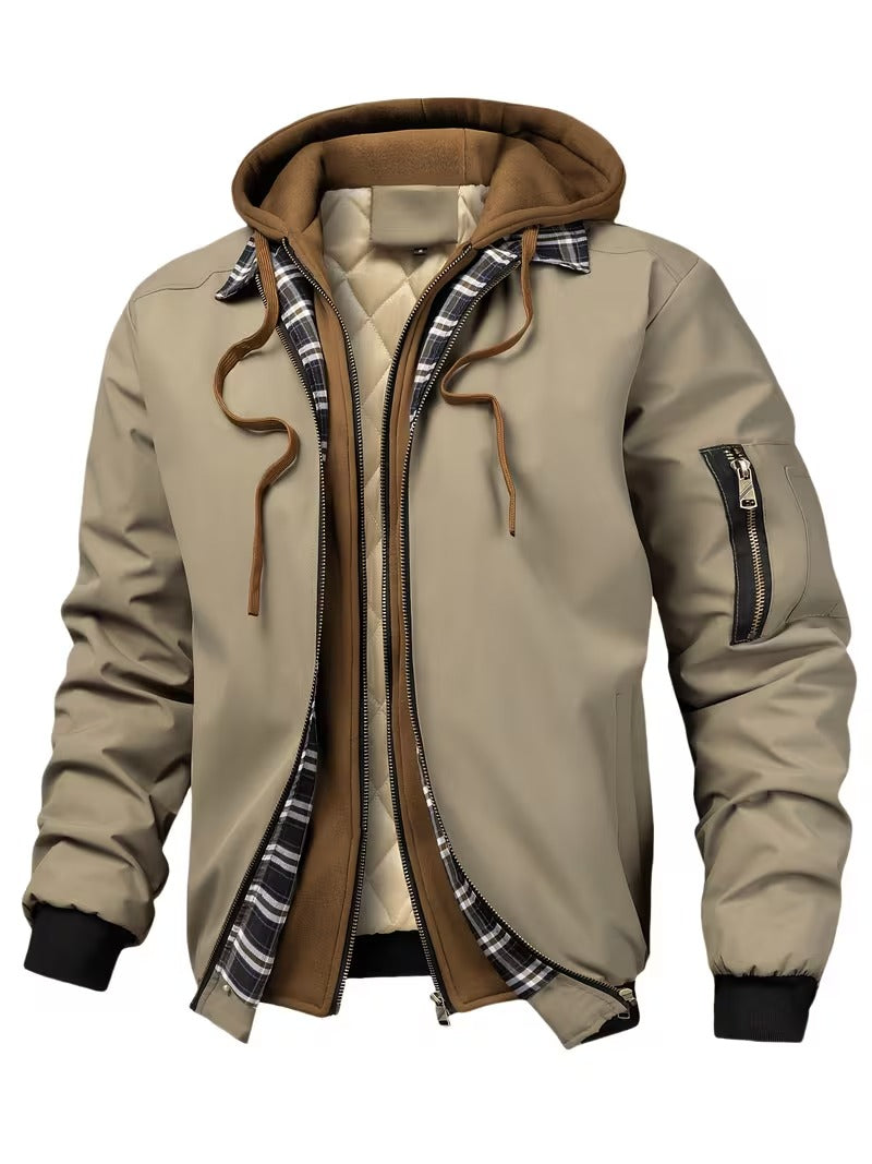 Men's Hooded Plaid Trim Jacket