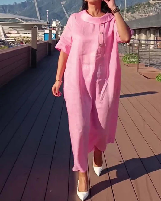 Women’s Loose Fit Button Detail Short Sleeve Maxi Dress