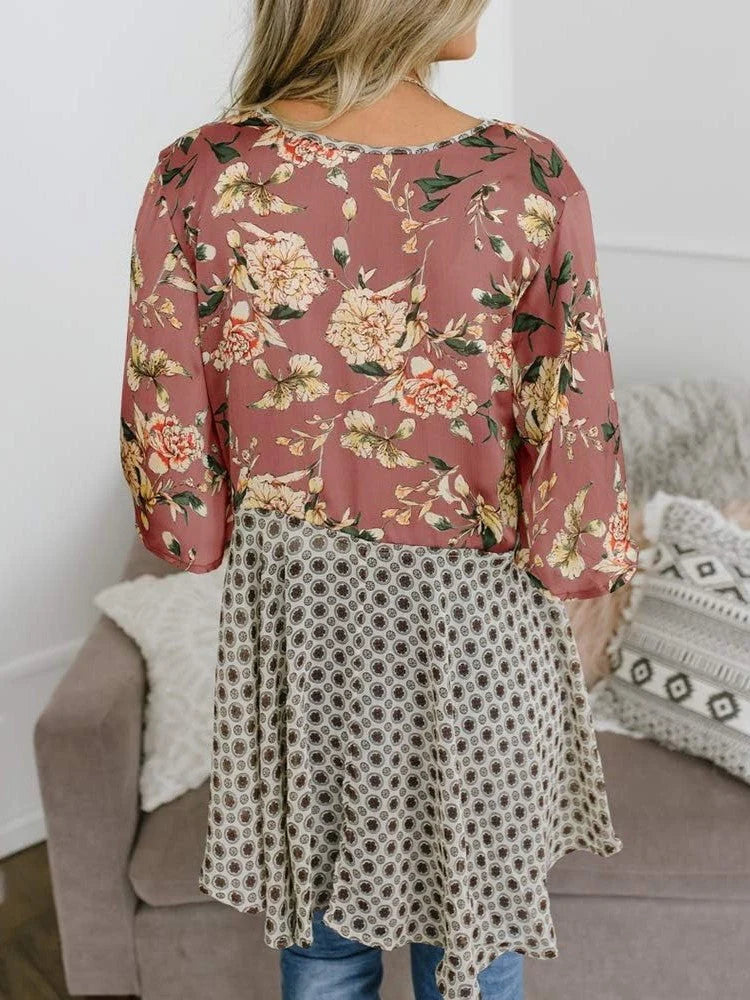 Women's Floral Patchwork Tie-Front Boho Cardigan