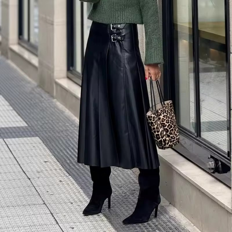 Women's Pleated Skirt with Side Buckle Details