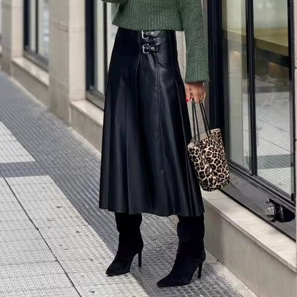 Women's Pleated Skirt with Side Buckle Details