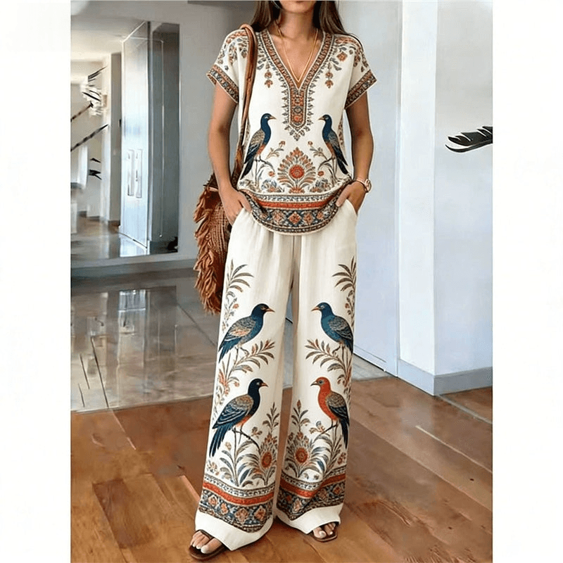 Women's Printed V-Neck Two-Piece Lounge Set