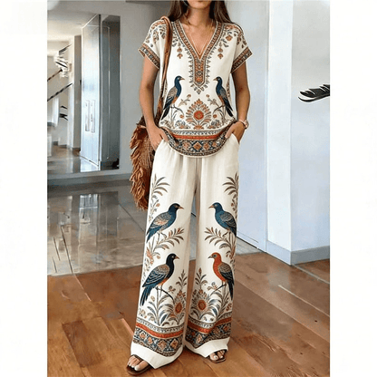 Women's Printed V-Neck Two-Piece Lounge Set