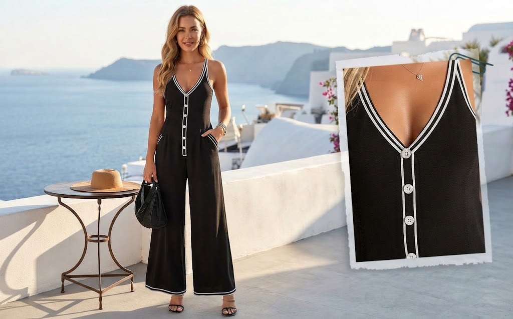 Women's Contrast-Trim Button-Front Jumpsuit