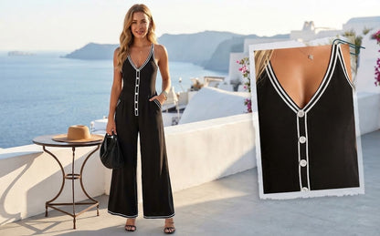 Women's Contrast-Trim Button-Front Jumpsuit