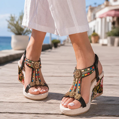 Women's Beaded Bohemian Wedge Sandals