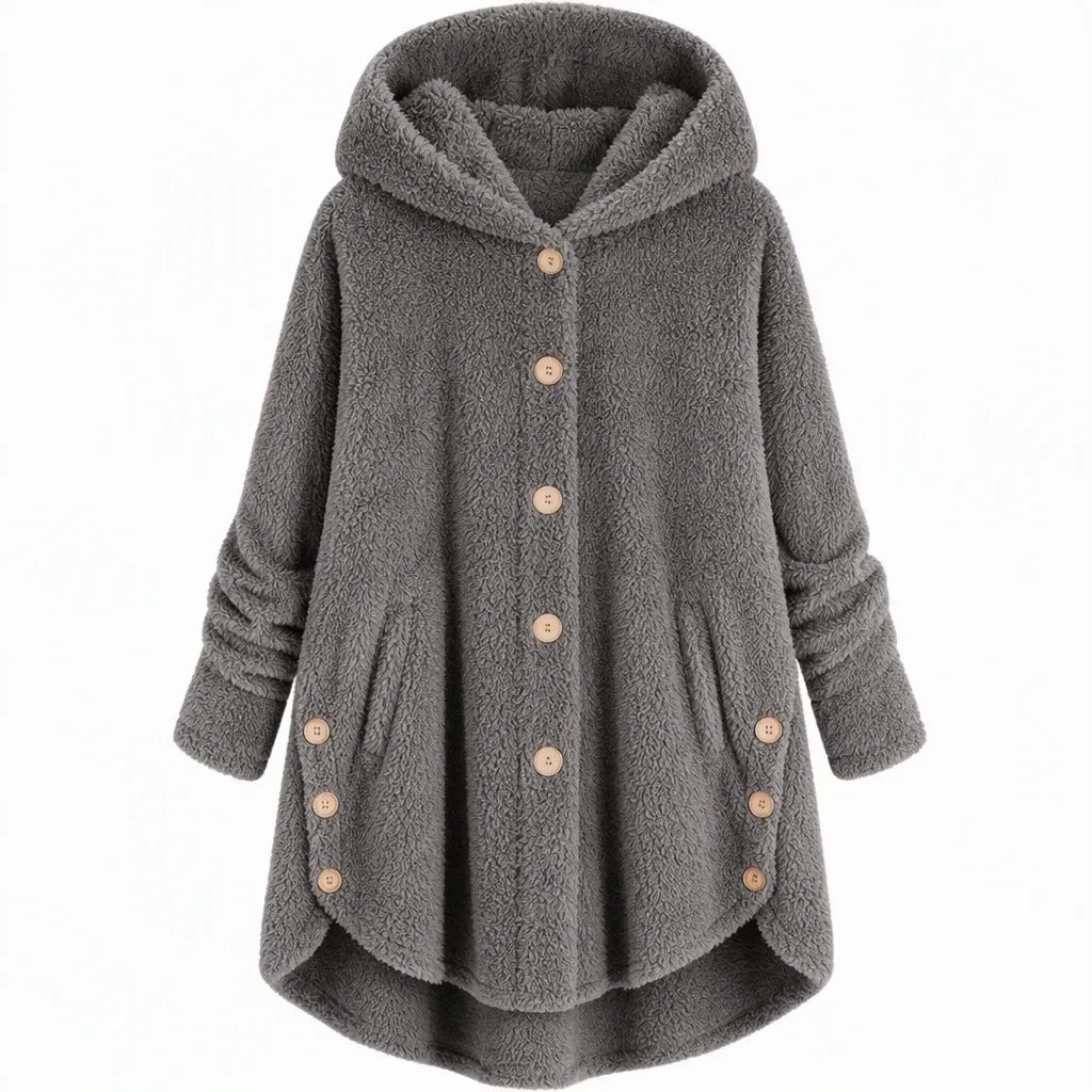 Women's Hooded Button-Front Coat with Asymmetrical Hem