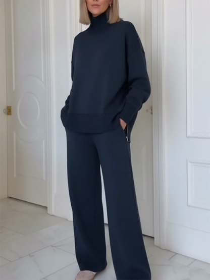 Women’s Stand-Collar Side-Zip Travel Top & Straight-Leg Trousers Set