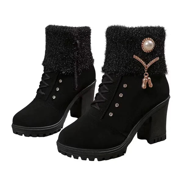 Women’s Faux Fur Trim Block Heel Boots