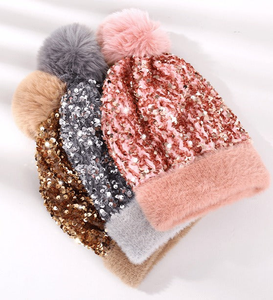 Unisex Sequin Pom Beanie