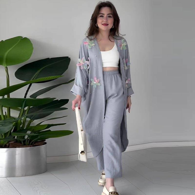 Women's Embroidered Kimono & Wide-Leg Pants Set