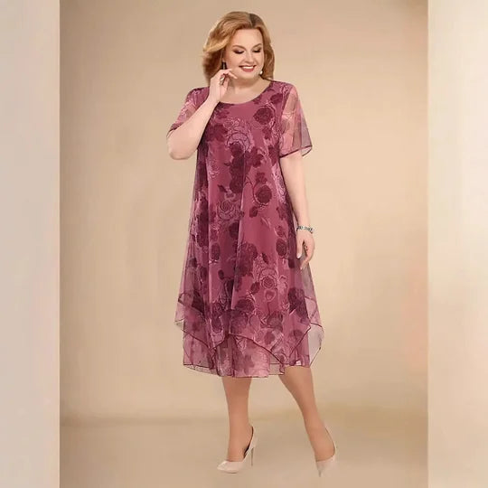 Women’s Elegant Floral Chiffon Layered Midi Dress