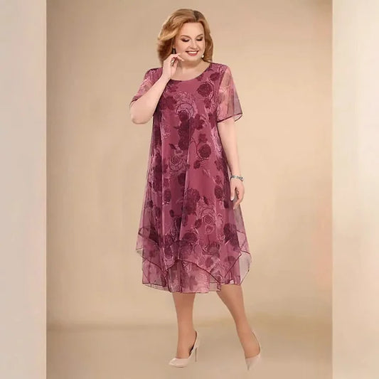 Women’s Elegant Floral Chiffon Layered Midi Dress