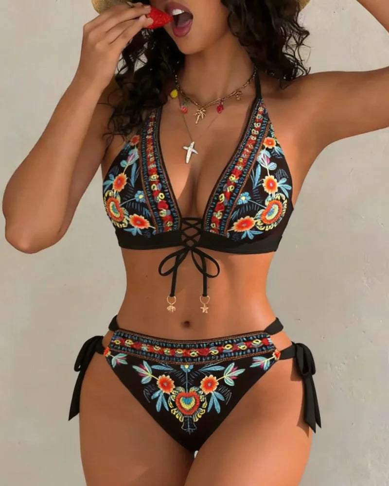 Women's Floral Print Lace-Up Bikini Set