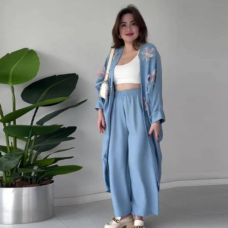 Women's Embroidered Kimono & Wide-Leg Pants Set