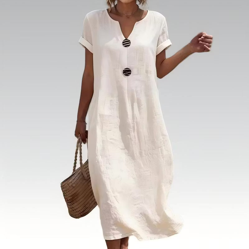 Women's Button-Front Short Sleeve Midi Dress