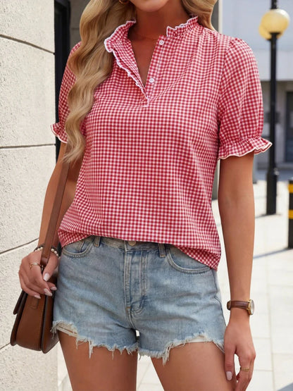 Women's Ruffle Collar Gingham Blouse