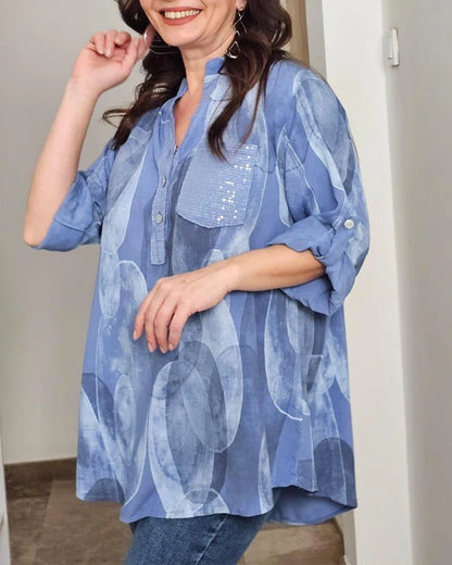 Women’s Printed Roll-Tab Sleeve Tunic Blouse with Pocket
