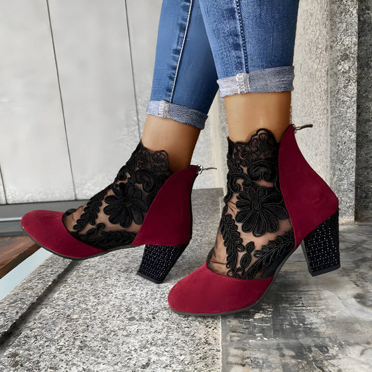 Women's Floral Mesh Block Heel Ankle Boots